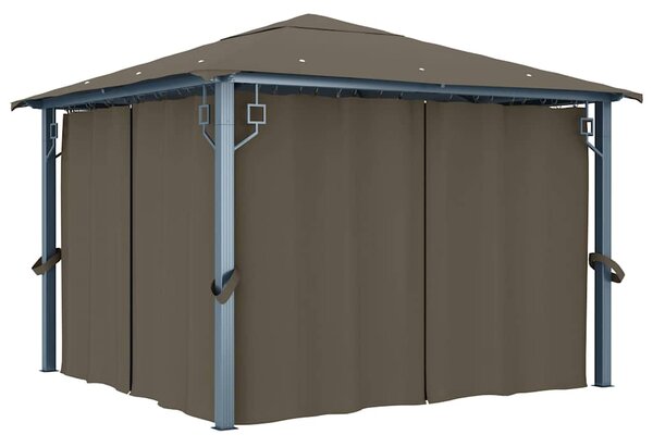 Altán se závěsy a světelnými LED řetězy 3 x 3 m taupe hliník 3070334