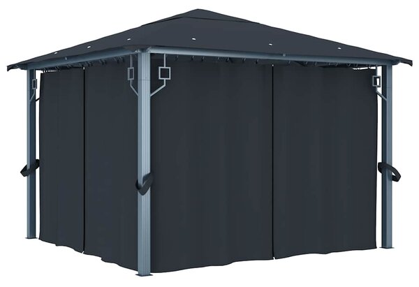 Altán se závěsy a světelnými LED řetězy 3x3m antracitový hliník 3070333