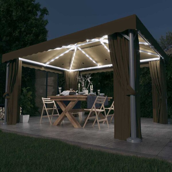 Altán se závěsy a světelnými LED řetězy 4 x 3 m taupe 3070357