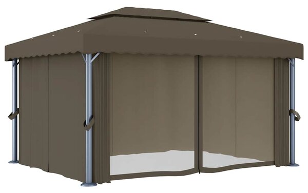 Altán se závěsy a světelnými LED řetězy 4 x 3 m taupe 3070357