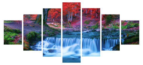 Obraz vodopádu v červeném lese (210x100 cm)