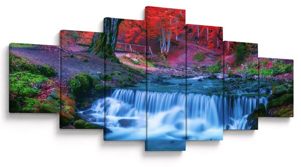 Obraz vodopádu v červeném lese (210x100 cm)