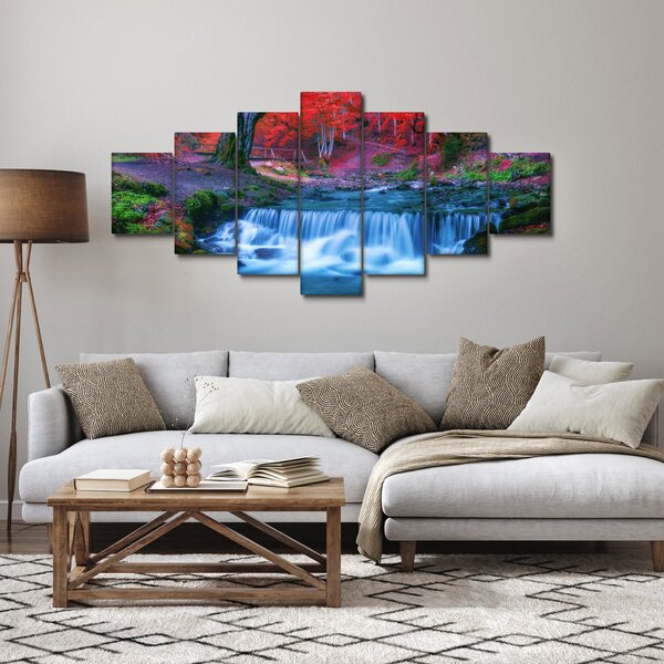 Obraz vodopádu v červeném lese (210x100 cm)