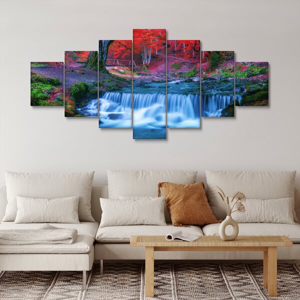 Obraz vodopádu v červeném lese (210x100 cm)
