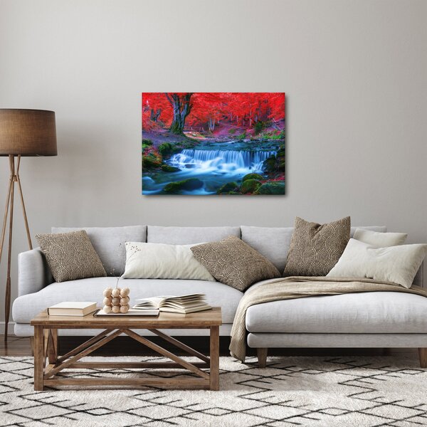 Obraz vodopádu v červeném lese (70x50 cm)