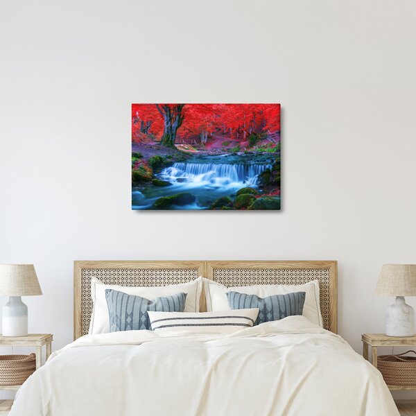 Obraz vodopádu v červeném lese (70x50 cm)