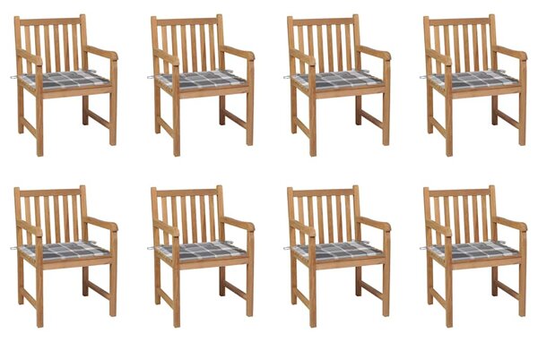Zahradní židle 8 ks šedé kárované podušky masivní teak 3073072