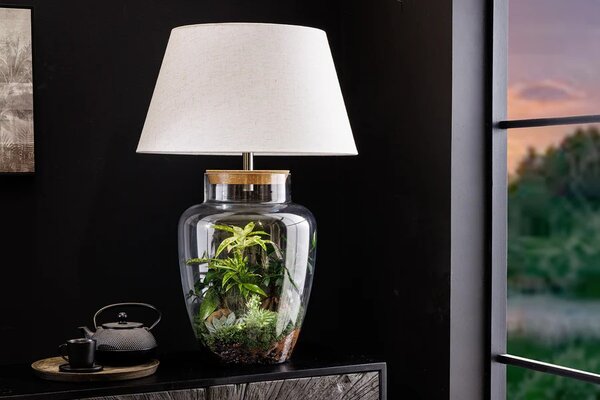Stylová skleněná stolní lampa Clasico s nohou v podobě nádoby s válcovým bílým stínítkem 80 cm