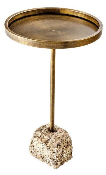 Art deco kulatý příruční stolek Stone se zlatou kovovou deskou s vyvýšeným okrajem a asymetrickou mramorovou podstavou 60 cm