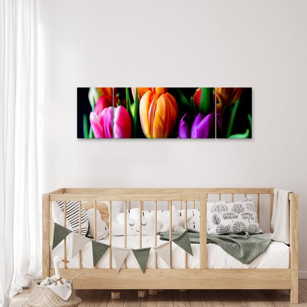 Obraz tulipánů na černém pozadí (170x50 cm)