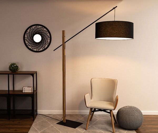 BRITOP Stojací lampa CECILE, 1xE27, v. 160 cm Barva stínidla: Černá látka, Barva podstavy: Bukové dřevo