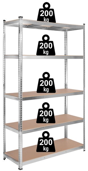 Pozinkovaný skladový regál 205 × 120 × 45 cm – 5 polic, nosnost 1000 kg