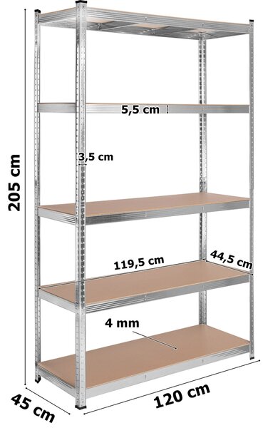 Pozinkovaný skladový regál 205 × 120 × 45 cm – 5 polic, nosnost 1000 kg
