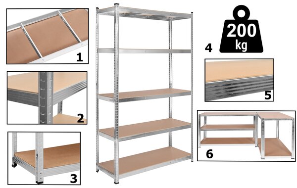 Pozinkovaný skladový regál 205 × 120 × 45 cm – 5 polic, nosnost 1000 kg