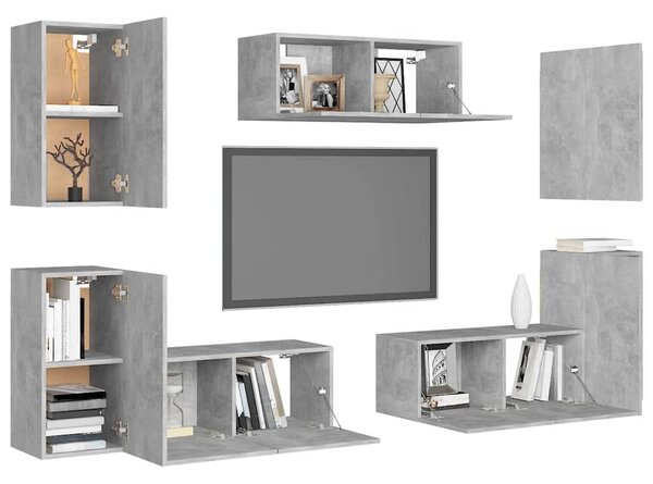 7dílný set TV skříněk betonově šedý dřevotříska 3079092