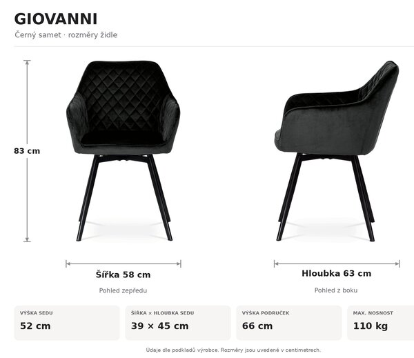 Jídelní otočná židle GIOVANNI - černý samet / černé kovové nohy