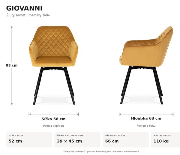 Jídelní otočná židle GIOVANNI - žlutý samet / černé kovové nohy