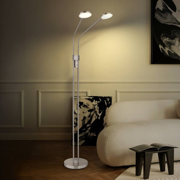 Globo LED stojací lampa Silvio, 2 žárovky, nikl, stmívatelné, stmívatelný, Hliník / šedá / zinek, Obývací pokoj / jídelna, kov