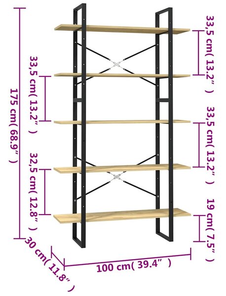 Knihovna s 5 policemi 100 x 30 x 175 cm borové dřevo 3082003