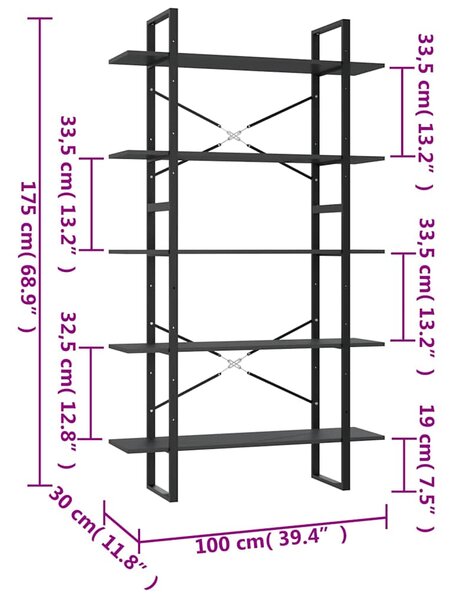 Knihovna s 5 policemi šedá 100 x 30 x 175 cm borové dřevo 3082000