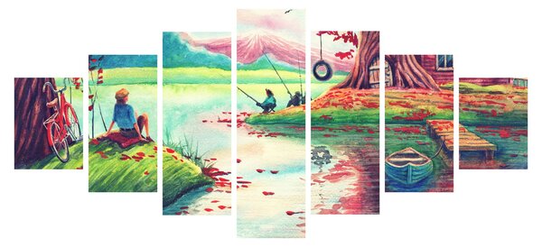 Obraz - Aquarel, Zátoka v horské vesničce (210x100 cm)