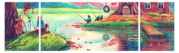 Obraz - Aquarel, Zátoka v horské vesničce (170x50 cm)
