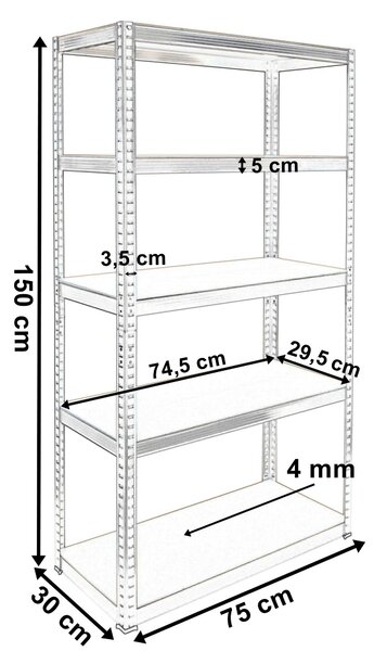 Skladový regál 150 × 75 × 30 cm – 5 polic, nosnost 625 kg