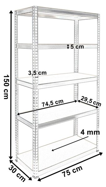Skladový regál 150 × 75 × 30 cm – černý, 5 polic, nosnost 625 kg