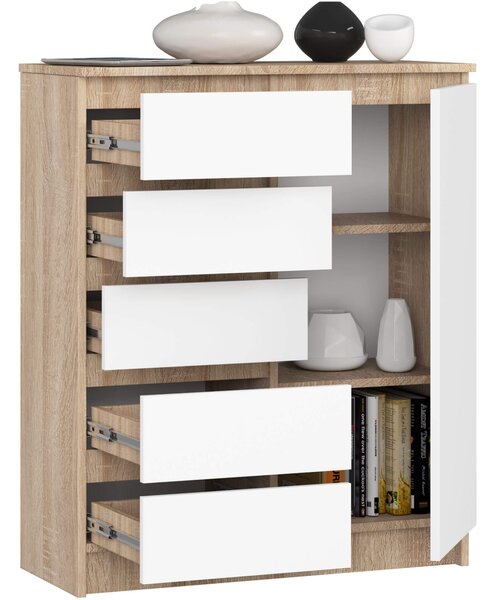 Ak furniture Komoda JERRY 80 cm 1 dveře 5 zásuvek dub sonoma/bílá