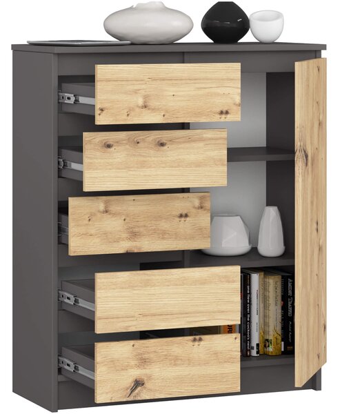Ak furniture Komoda JERRY 80 cm 1 dveře 5 zásuvek grafitová/dub artisan
