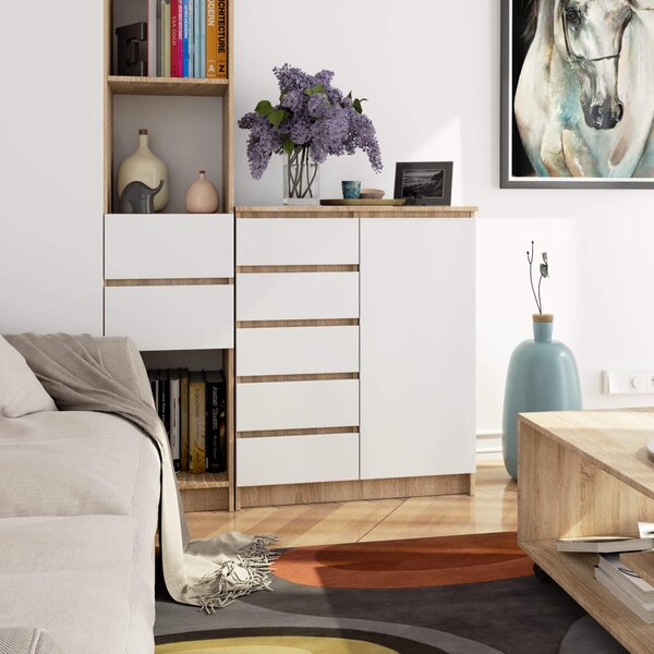 Ak furniture Komoda JERRY 80 cm 1 dveře 5 zásuvek dub sonoma/bílá