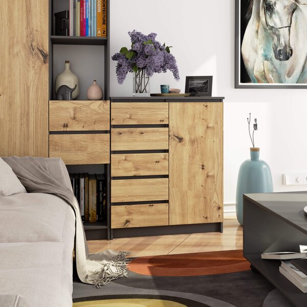 Ak furniture Komoda JERRY 80 cm 1 dveře 5 zásuvek grafitová/dub artisan