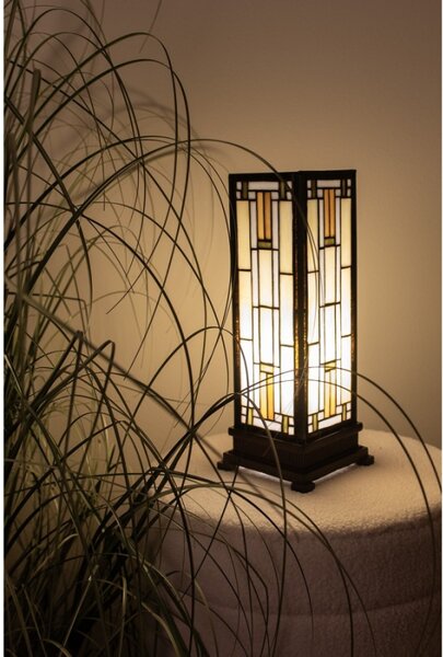 Stolní lampa Tiffany Zuria béžovo hnědá art deco ve tvaru hranolu – 12x12x35 cm