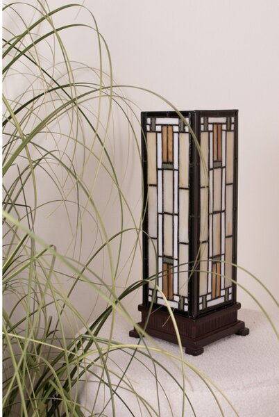 Stolní lampa Tiffany Zuria béžovo hnědá art deco ve tvaru hranolu – 12x12x35 cm