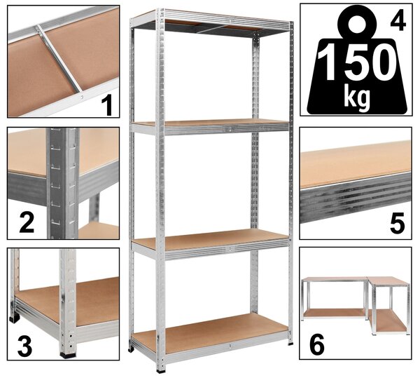 Skladový regál 174 × 80 × 40 cm – stříbrný, 4 police, nosnost 150 kg