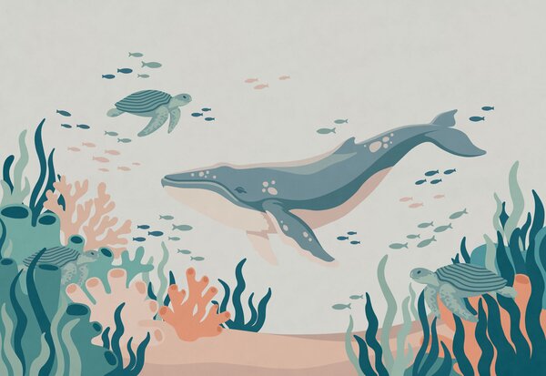 Fototapeta Velryba a želva plavající v oceánu, Mořské fototapety, Populární fototapety - Tapeko.co.cz