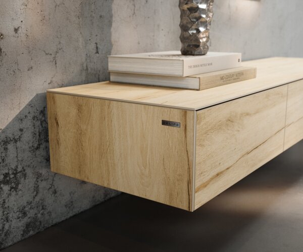 DELIFE TV stolek Cuor 150 cm keramika Laminam® Sabbia dubová 1 výklopná dvířka 1 zásuvka závěsný