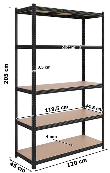 Skladový regál 205 × 120 × 45 cm – černý, 5 polic, nosnost 1000 kg