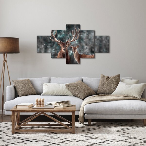 Obraz - Jelen a laň v zasněženém lese (125x70 cm)