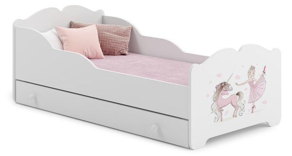 Dětská postel ANNA 140 × 70 cm s úložným šuplíkem – motiv dívka s jednorožcem