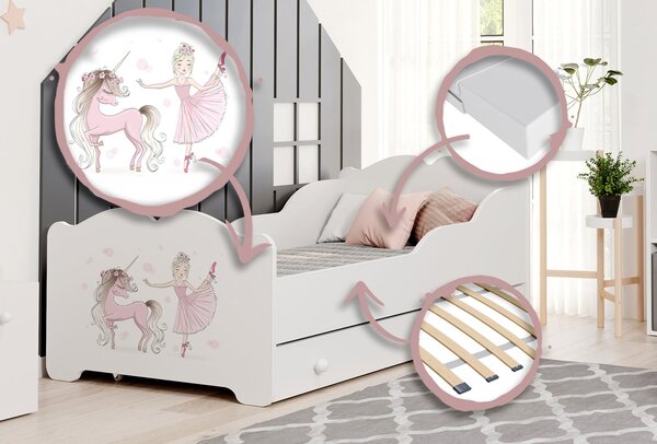 Dětská postel ANNA 140 × 70 cm s úložným šuplíkem – motiv dívka s jednorožcem