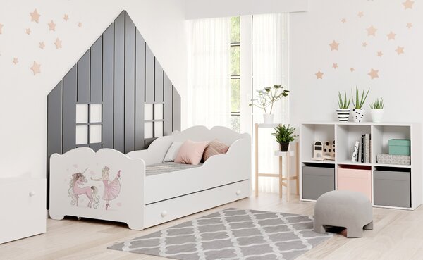 Dětská postel ANNA 140 × 70 cm s úložným šuplíkem – motiv dívka s jednorožcem