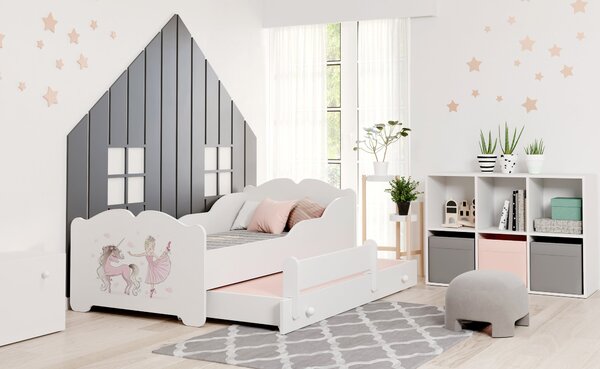 Dětská postel se dvěma lůžky ANNA 160 × 80 cm s úložným šuplíkem – motiv dívka s jednorožcem