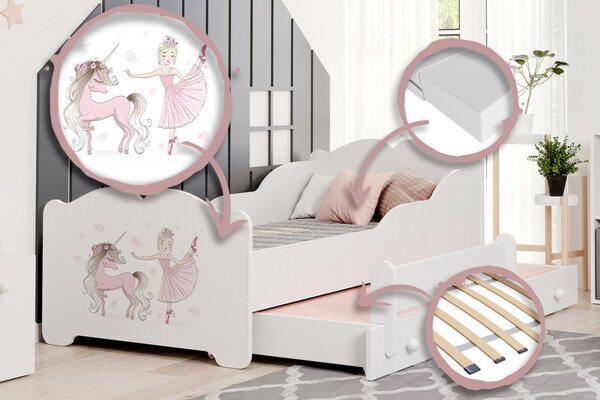 Dětská postel se dvěma lůžky ANNA 160 × 80 cm s úložným šuplíkem – motiv dívka s jednorožcem