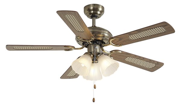Mosazný stropní ventilátor s dřevěným potiskem a ratanem 105 cm s tahovým spínačem - Mistral Lia