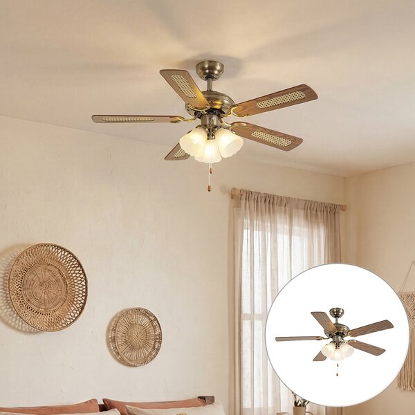 Mosazný stropní ventilátor s dřevěným potiskem a ratanem 105 cm s tahovým spínačem - Mistral Lia