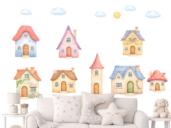 Domky domečky textilní přelepitelné samolepky na zeď arch 36 x 46 cm