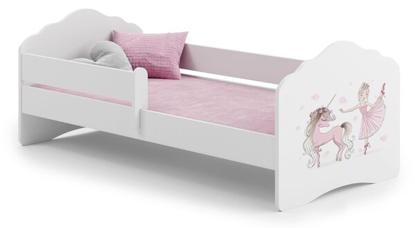 Dětská postel FALA 140 × 70 cm s ochrannou zábranou – motiv dívka s jednorožcem