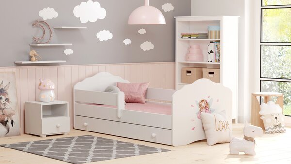 Dětská postel FALA 140 × 70 cm s úložným šuplíkem a ochrannou zábranou – motiv dívka s křídly