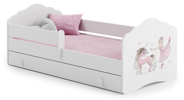 Dětská postel FALA 140 × 70 cm s úložným šuplíkem a ochrannou zábranou – motiv dívka s jednorožcem